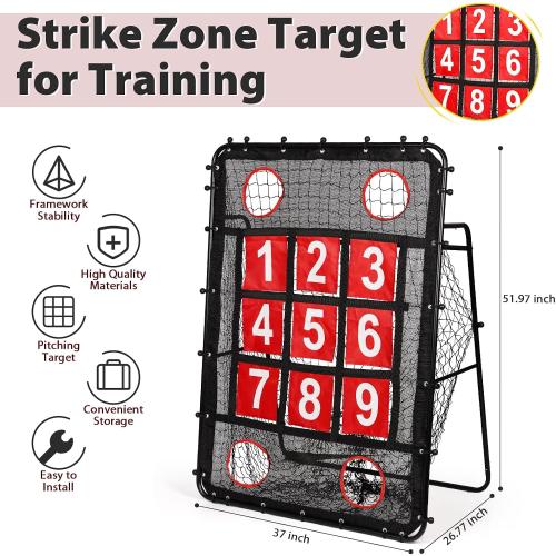 Pitching Net with Strike Zone, 9 Hole Baseball Pitching Target, Portable Softball Baseball Training Equipment with Carry Bag