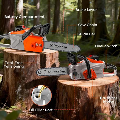 Battery Powered Chainsaw 16 inch,Electric Cordless Chainsaw with 2 Batteries and Charger.Brushless Chain Saw with 12-inch Replacement Guide Bar and Chain.Perfect for Tree Trimming and Wood Cutting