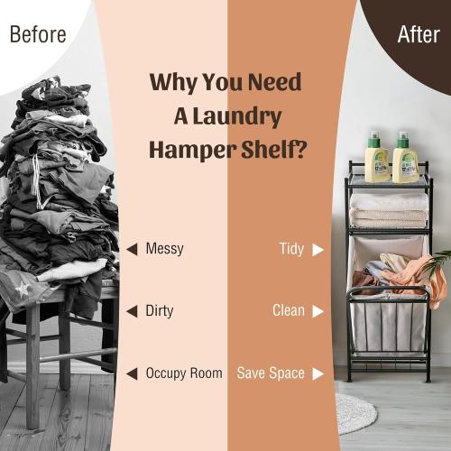 PLKOW Tilt Out Laundry Hamper with Shelf, Laundry Basket Laundry Hamper Cabinet with Removable Liner Bag, 65 Liter, 15.8L x 15.8W x 40H Inch