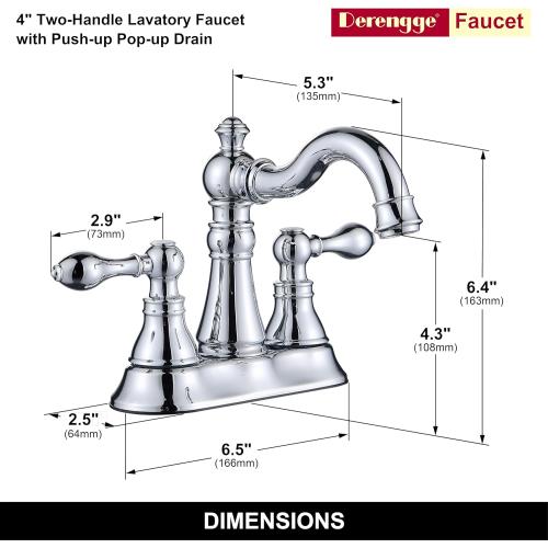 2-Handle Polished Chrome Bathroom Faucet 4 Inch Centerset, with Drain | Derengge Classic 4 Bath Lavatory Faucet,High Arc 360° Swivel Stainless Spout, 2-3 Hole Sink for Lavatory/Vanity F-0048-CP