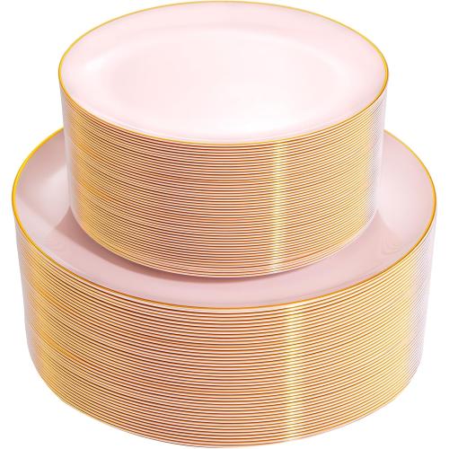 PULOTE 100PCS Pink Plastic Plates - Heavy Duty Pink and Gold Disposable for Party, Wedding, Valentines & Galentines Day, Include 50 Each (Dinner & Dessert) Plates