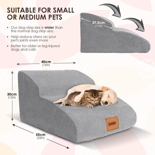 Grey 11.8H Extended Dog Stairs, 2 Step, 30D Foam Pet Stairs with Waterproof Cover,Dog Step for Small Dogs Cats with Old/Injured, 11.8 H,Wider Step