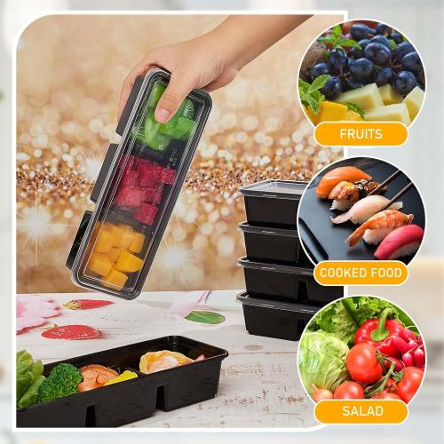Hushee 10 Pack 17 oz Small Meal Prep Containers with 3 Compartments Snack Containers with Lid Disposable Plastic Bento Box Travel Lunch Food Boxes Stackable for Office Picnic (Black)