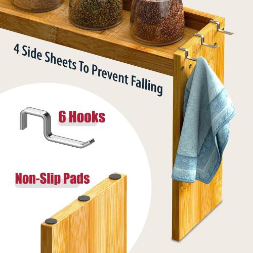 IIIOIIIA Bamboo Over The Stove Spice Shelf for Kitchen Storage, 31.5 Kitchen Spice Rack Organizer Stove Top Shelf with 6 Hooks, 11.4 Height Extra Storage Countertop, Easy to Assemble