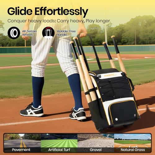 Fanwoli Leather Rolling Baseball Bag - Youth Softball Bag with Wheels for Boys Girls - Rain Cover & Mud Guard for Clean Car - Premium 4-Bat Tournament Roller - Large Equipment Organizer