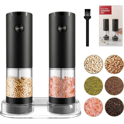 Electric Salt and Pepper Grinder Set, Automatic Mill, Adjustable Coarseness, LED Light - Convenient One-Hand Operation - Perfect for Kitchen and BBQ - Includes Salt and Pepper Shakers (2 Pack)