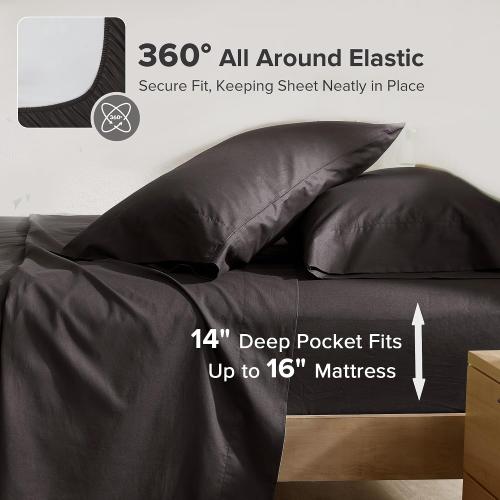 Comfort Spaces 100% Cotton Sheets King, Breathable & Ultra Soft Cotton Sheets, Naturally Cool Cotton Bed Sheets with 14 Elastic Pocket Fits up to 16 Mattress, All Season Sheet Set, Black 4 Piece
