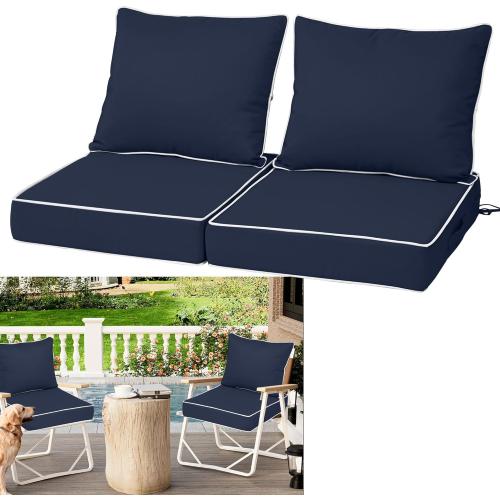 Size 24x24x4 Color Blue Set of 2 Outdoor Deep Seat Cushions for Patio Furniture Set of 2, Waterproof Outdoor Chair Cushions 24 x 24 x 4'' Patio Furniture Cushion with Fade Resistant Removable Cover, Handle & Straps, Navy White Pipes