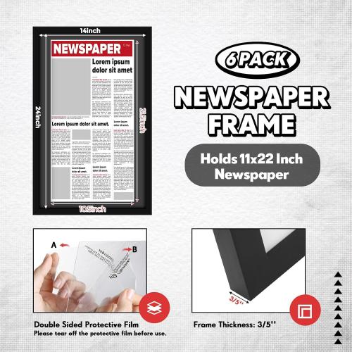 DoubleFill 6 Pcs 11x22 in Newspaper Frame with Mat Assorted Media Article Cover Frame with Hanging Hardware 14x24 in Newspaper Display Poster for Wall Decoration (Black Mat)