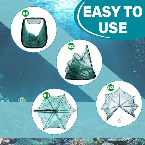 Green and Blue 2 Pcs Foldable Fishing Trap Collapsible Hexagon 6 Hole Fishing Bait Trap Portable Minnow Crayfish Crab Crawdad Shrimp Net Cage Accessories