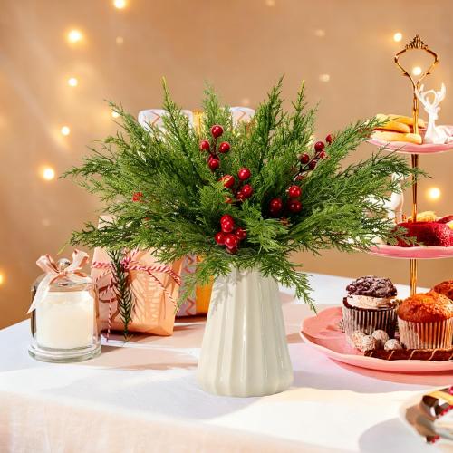 60 Pcs/Set Christmas 3D Artificial Pine Branches- 12.5 Inch Faux Evergreen Cedar Sprigs Branches- Fake Foliage Pine Needles Picks with Artificial Red Berry Stems for DIY Christmas Decoration