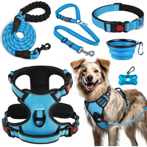 No Pull Dog Harness, Collar & Leash Set | Includes Dog Seat Belt, Collapsible Bowls & Poop Bag Dispenser. Ideal for Training, Walking, Hiking. Fits Small to Large Dogs(Blue-XL)