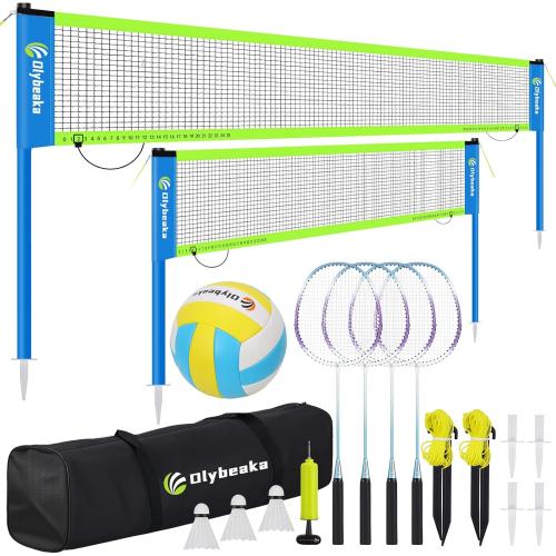 Outdoor Volleyball & Badminton Combo Net Set for Backyard, Beach with 2 Nets, Adjustable Poles, 4 Aluminum Rackets, PU Volleyball, Portable Carry Bag