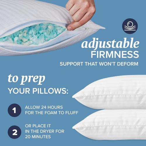 Set of 2 Size 20 inch x 36 inch Beckham Hotel Collection  Memory Foam (Adjustable Fill) Bed Pillows Set of 2 - Cooling Shredded Foam Pillow for Back, Stomach or Side Sleepers