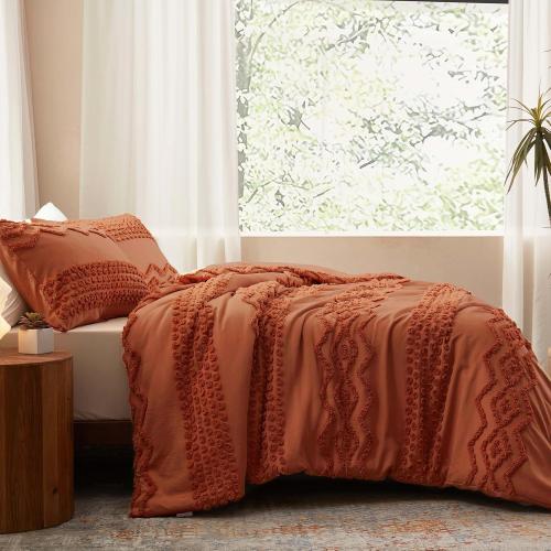 Luxudecor Terracotta Boho Tufted Comforter Set Boho Shabby Chic Comforter Farmhouse Embroidery Bedding Set Soft Comforter for All Seasons (Terracotta)