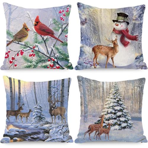 ARESD Christmas Pillow Covers 20x20 Set of 4, Winter Snowman Cushion Covers Xmas Throw Pillow Cases Christmas Pillowcases Home Decor for Sofa Couch Bed (Snowman Deer)