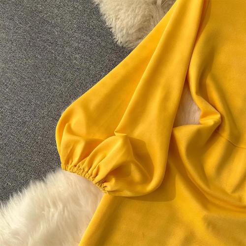 Size XL Color Yellow metamorphosis girl Women Casual Elegant V-Neck Solid Color Dress High Waist Puff Sleeve Ankle-Length Dress
