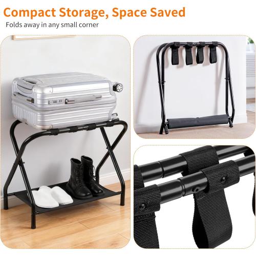 Heybly Luggage Rack for Guest Room, Pack of 2, Steel Folding Suitcase Stand with Storage Shelf for Bedroom, Hotel, Foldable Steel Frame, Guest Room 26.2 L x 14.4 W x 20.5 H, Black HLR004B2