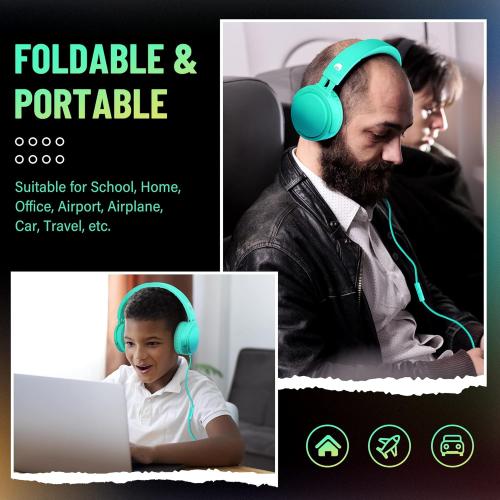 rockpapa Grade Wired Headphones with Microphone, Lightweight Foldable Stereo Bass Headphones with No-Tangle Cord & 3.5mm Jack for Adult/Kids, Laptop Tablet Airplane Chromebooks Teal