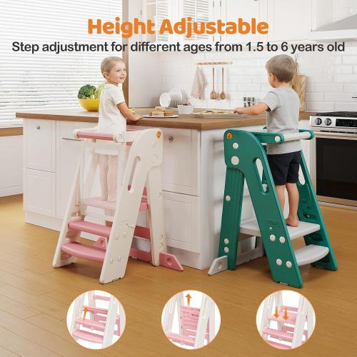 Onasti Folding Toddler Kitchen Tower, Kids Kitchen Step Stool for Learning with Movable Safety Rail, Non-Slip Surface, Easy Assembly for Parents & Grandparents-Pink