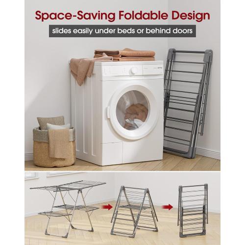 Sakugi Clothes Drying Rack, Foldable 2-Level Laundry Drying Rack with Height-Adjustable Wings, for Clothing & Bedding, Free-Standing Space-Saving Rack, Indoor & Outdoor, 55.5 L × 22.8 W, Gray