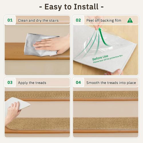 15PCS Non-Slip Stair Treads - 8x30 Edging Stair Treads for Wooden Steps Washable Peel and Stick Indoor Stairs Tread Rug Stain Resistant Staircase Mat for Kids and Pets(15pc, Brown)