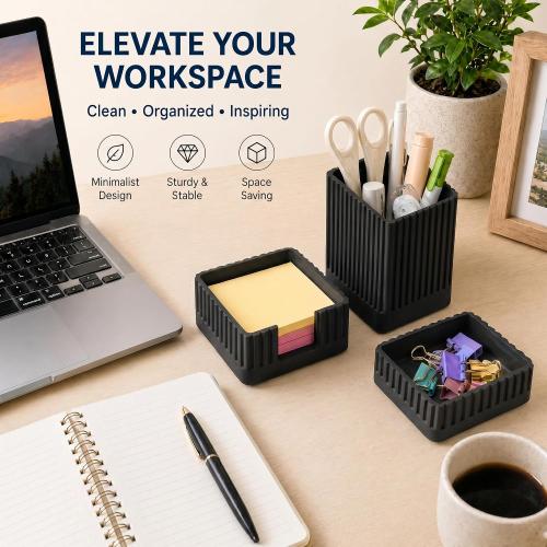 Black Desk Organizer Accessories Set, with Pen, Clip and Sticky Note Holder