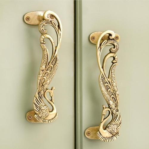 Indian Shelf 1 Pair Peacock Decorative Door Handles Interior Vintage Door Pulls Antique Brass Cabinet Pulls Unique Gold Cabinet Handles- 7.4