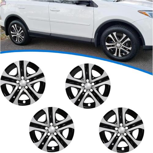 ECOTRIC 17 Hubcaps Wheel Covers Wheel Skins Compatible with 2013-2018 Toyota RAV4 LE, R17 Wheel Rim Cover, 5 Spoke, Silver/Black Plastic - Set of 4