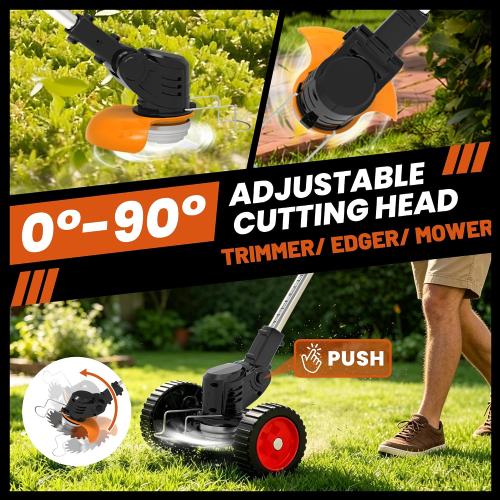 Electric Weed Wacker Cordless Weed Eater, Stringless Trimmer Battery Powered 4 in 1 Lightweight Grass Trimmer/Brush Cutter/Edge, 4 Types Blade, No String Weed Trimmer with Wheels for Lawn Yard Garden