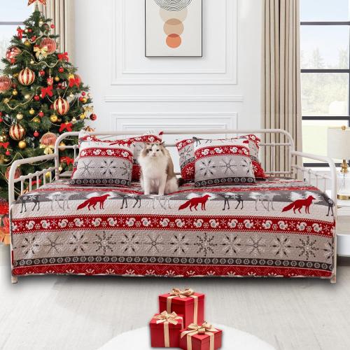 39x75(Red Gray) 5-Piece Christmas Daybed Cover Set Twin Cozy Xmas Snowflake elk Daybed Bedding Sets New Year Daybed Comforter Bedspread, Santa Day Bed Cover for Twin Bed with 4 Pillow Shams,39x75(Red Gray)