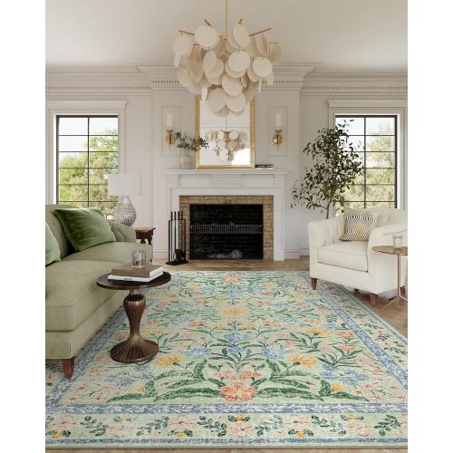 Wonnitar 10x14 Machine Washable Area Rugs, Green Floral Large Rugs for Living Room, Ultra-Thin Foldable Boho Flower Print Bedroom Carpet for Dorm Apartment Office