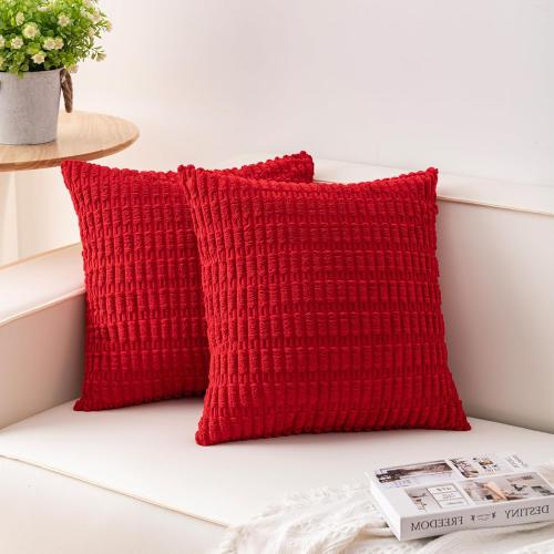 Pack of 2 Corduroy Decorative Throw Pillow Covers 18x18 InchSoft Boho Striped Pillow Covers Modern Farmhouse Home Decor for Sofa Living Room Couch Bed（Red）