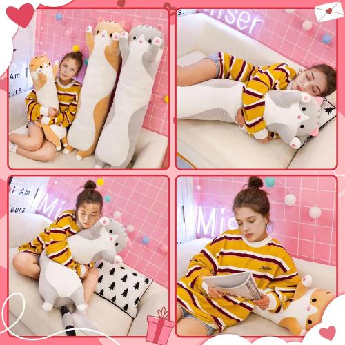 Cute Cat Plush Long Body Pillow – Soft Cartoon Stuffed Animal Doll, Kawaii Cat Plushie Valentines Day Gifts for Kids, Girls & Girlfriend (Gray, 19.7 Inch)