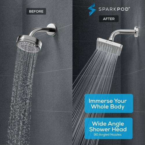 SparkPod Rain Shower Head, 6 Inch Square, Luxury Polished Chrome Finish | High Pressure Shower Heads, 90 Nozzles, Adjustable Showerhead, No Tools Needed, Universal Connection