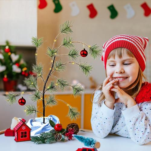 24 Tabletop Christmas Tree with Red Glossy Ball, Wooden Stand Mini Christmas Bent Tree with Blue Blanket Holiday Décor,Holiday Memories Decorations Gift