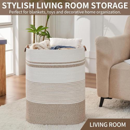 AINUOQI Laundry Basket with Handles - Blanket Basket & Hampers for Bedroom Aesthetic, Laundry Hamper & Blanket Storage for Living Room, Clothes Hamper, Tall, Large 17 x 14 x 22”, Light Brown & White