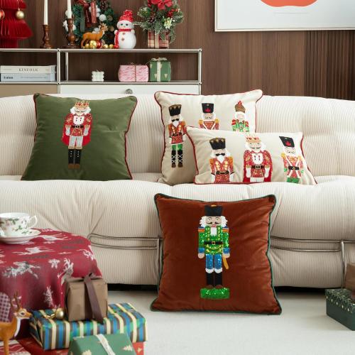 MOCOFO Christmas Embroidered Nutcracker Throw Pillow Cover - Decorative Holiday Cushion Cover (Red, 18” x 18”)