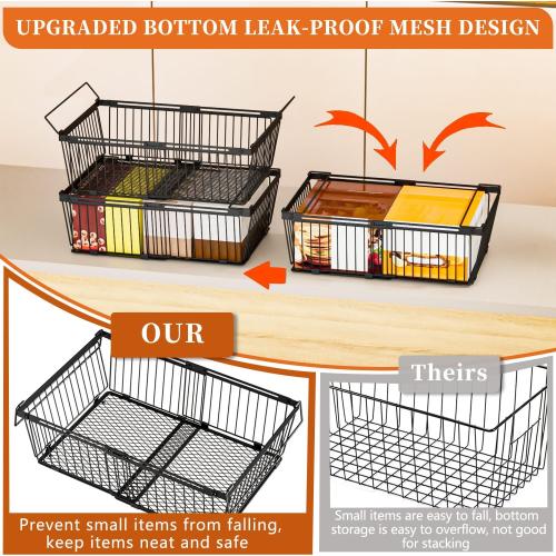 Large Freezer Organizer Bins，Upgraded Bottom Leak-Proof net，6 Pack， Expandable Stackable Chest Freezer Containers with Handle，for Fridge, Deep Freezer, Cabinet, Kitchen, Pantry (Black-6Pack)