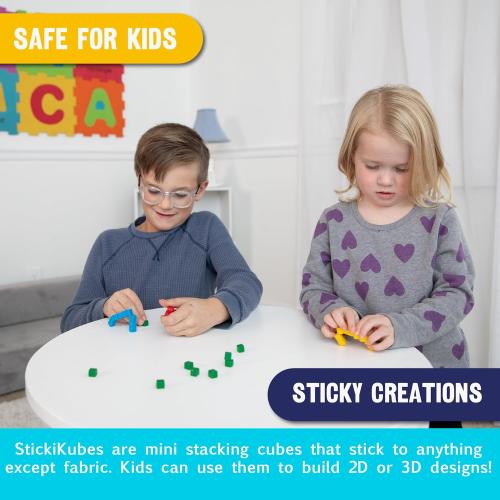 KOMARC GAMES StickiKubes, Mini Stacking Cubes That Stick to Anything, Non Toxic Kid Safe Sticky Blocks, Creative Construction Toy - 36 Cubes, 4 Colors, Display Easel