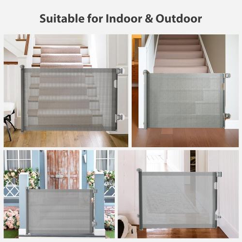 No-Drill Retractable Baby Gates for Stairs with Auto-Lock,33 Tall,Extends up to 55 Wide Mesh Baby Dog Pet Cat Gate with Double Lock for Doorways,Child Gate for Hallways Kitchen Indoor Outdoor Grey
