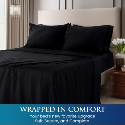 Queen Sheet Set - Brushed Microfiber - Soft Bed Sheets for Queen Size Bed Set - Includes 1 Fitted, 1 Flat, & 2 Pillow Cases - Deep Pocket (Black)