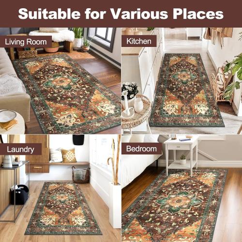 Yamaziot Washable Runner Rug, Non-Slip Boho Vintage Hallway Rug with Rubber Backing, Low Pile Faux Wool Distressed Carpet Runner for Bedroom, Kitchen, Laundry, Entrance (168 x 28)