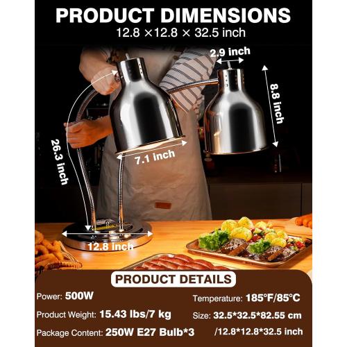 PYY Commercial Food Warmer - 2-Head Electric Heating Lamp, 500W Stainless Steel Catering Food Warming Lamp for Restaurant Kitchen, Cafeteria