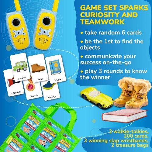 QUOKKA Scavenger Hunt for Kids Ages 4-8 - Treasure Hunting Outdoor Games for Kids 8-12 - 2 Walkie Talkies 2 Bags - 200 Outdoor & Indoor Cards - 3 Bracelets