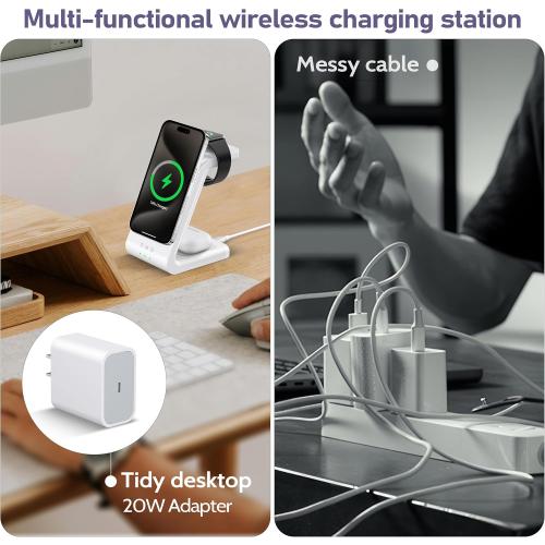 3 in 1 Wireless Charging Station: 5000mAh Removable Power Bank Charger Stand for Phone/Watch/Air Pods - Portable Magnetic Battery Pack for Air 17 16 15 14 13 12 Series White