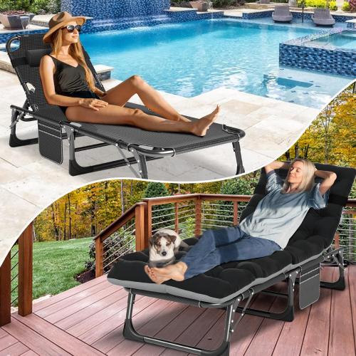 ‼️COLORS MAY VARY‼️COULD HAVE STAINS OR MISSING ITEMS ❗Portable Folding Camping Cot with Mattress and Pillow for Adults | 5-Position Adjustable Patio Lounge Chairs, 440LB Heavy Duty Lounge Chaise Chair for Camping, Poolside, Beach, Garden, Office