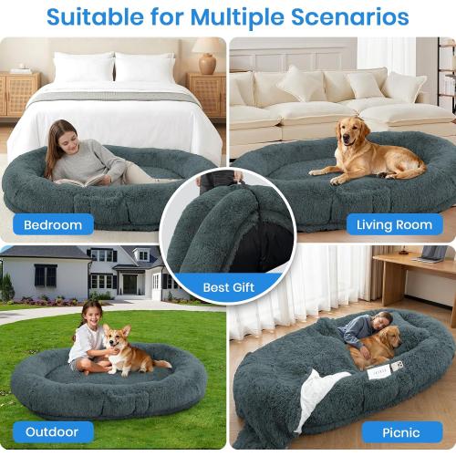 Human Dog Bed Fits You and Pets, Washable 10 CM Thick Memory Foam Dog Bed with Plump Pillow, Blanket, Strap 78x51x12,Darkgrey