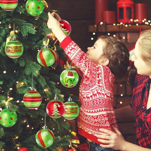 Christma Ornament Set,12 Pcs Christmas Tree Hanging Decorations, 2.36 Inch Green and Red Grinch Christmas Balls, Shatterproof Christmas Ornaments for Xmas Tree, Holiday Party Decor