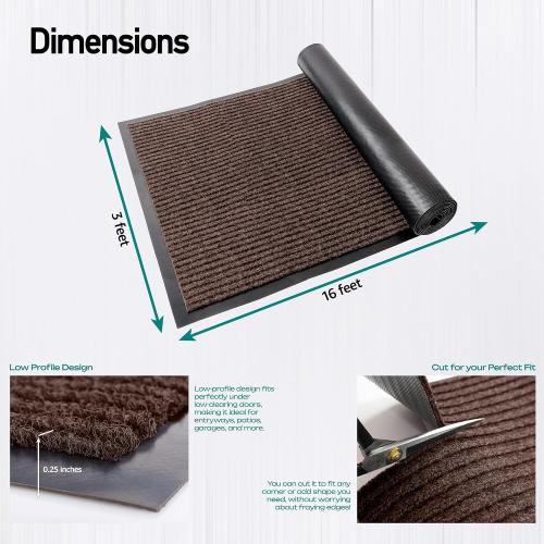 Color black MaxMat® Heavy Duty Industrial Mat - XL Size, Waterproof, Low-Profile, Commercial Entry Door Mat (3 x 16 Feet, Brown, MXM-RIB0316BR)